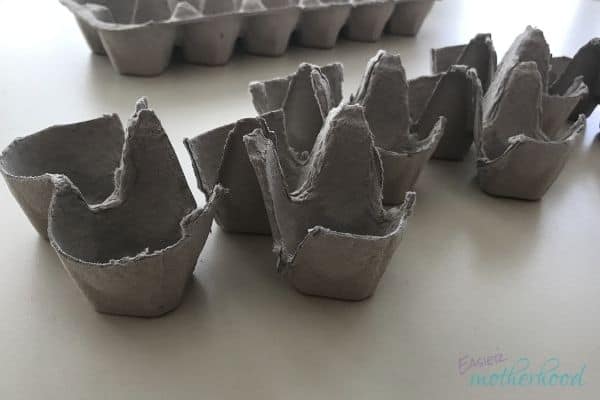 In process egg carton craft after 5th cut, all 12 cups now separated