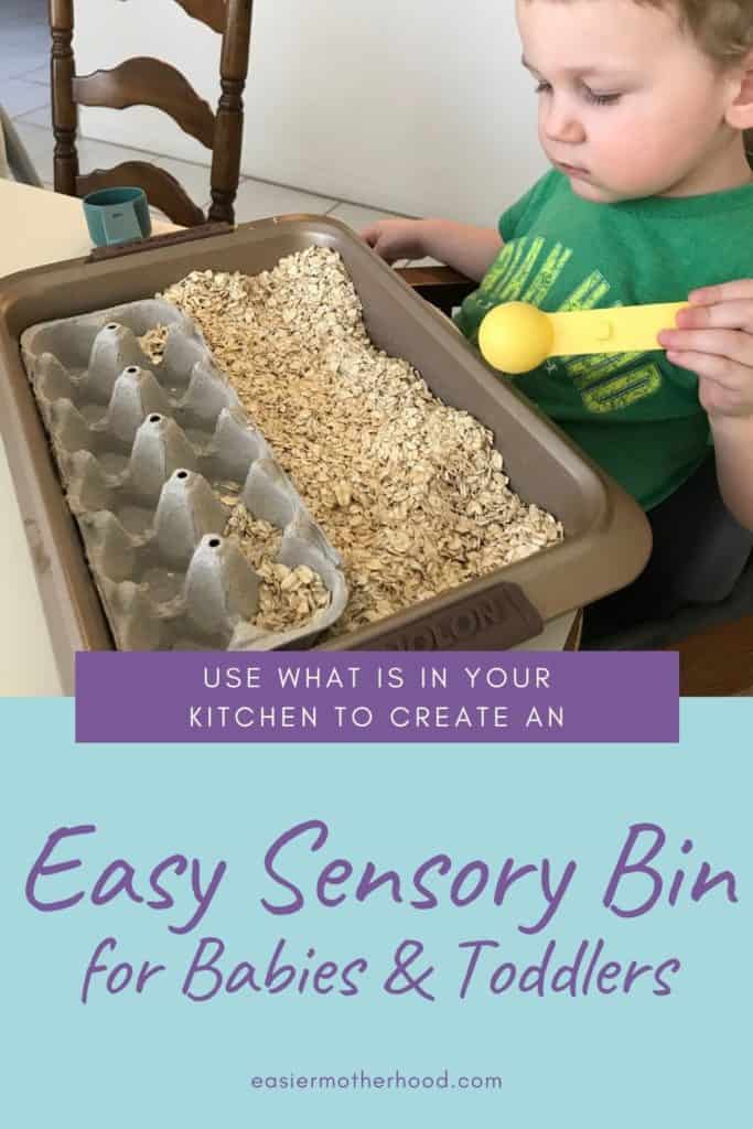 Child playing with easy oat sensory bin, with text description below