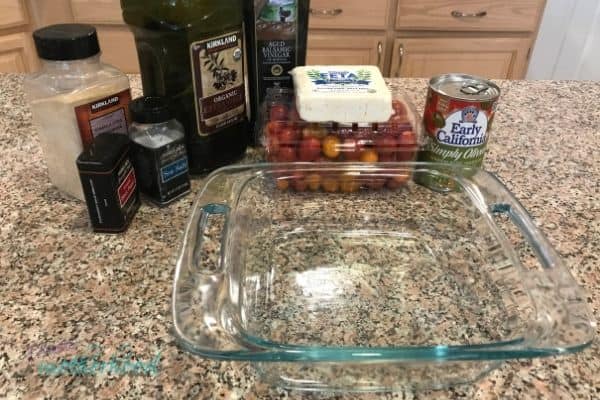 Ingredients on kitchen counter along with pyrex pan