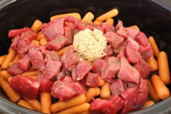 All ingredients loaded into crock pot for easy slow cooker beef stew