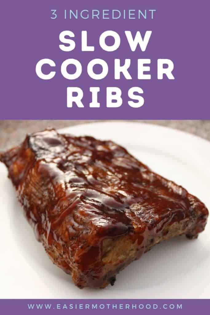 Finished slow cooker ribs plated, text above image reads 3 ingredient slow cooker ribs