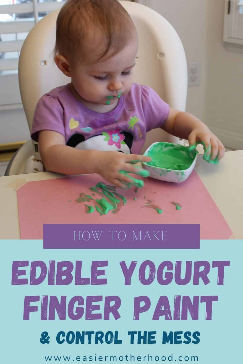 Pin with child playing with edible yogurt finger paint