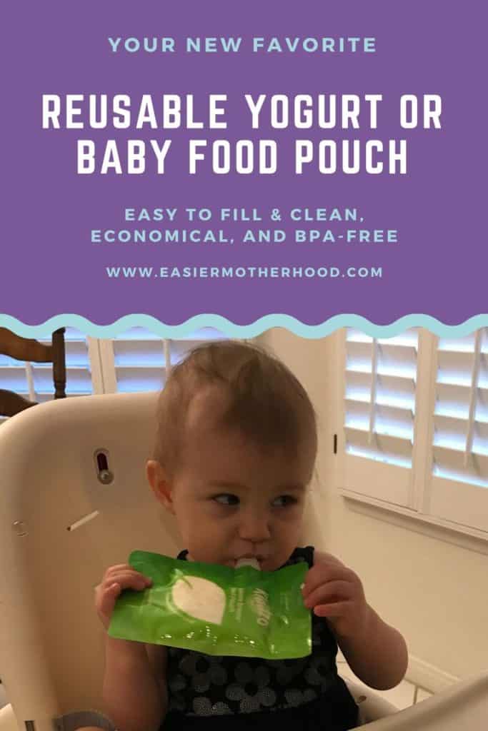 Pin with child eating yogurt from the best reusable baby food pouch for yogurt