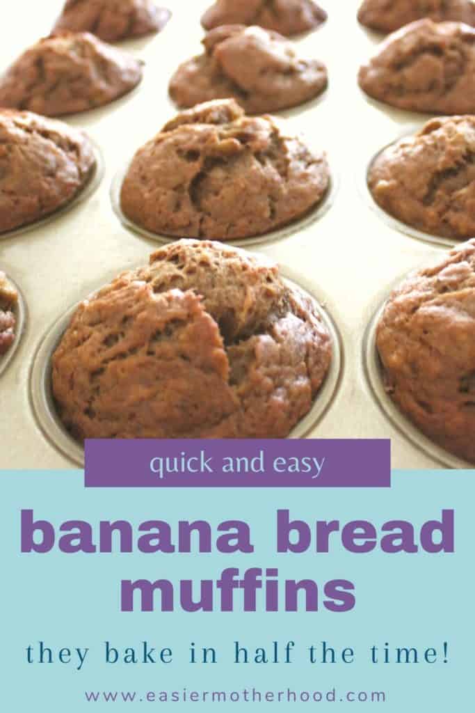Pinterest image of a pan of finished muffins with text saying "quick and easy banana bread muffins"