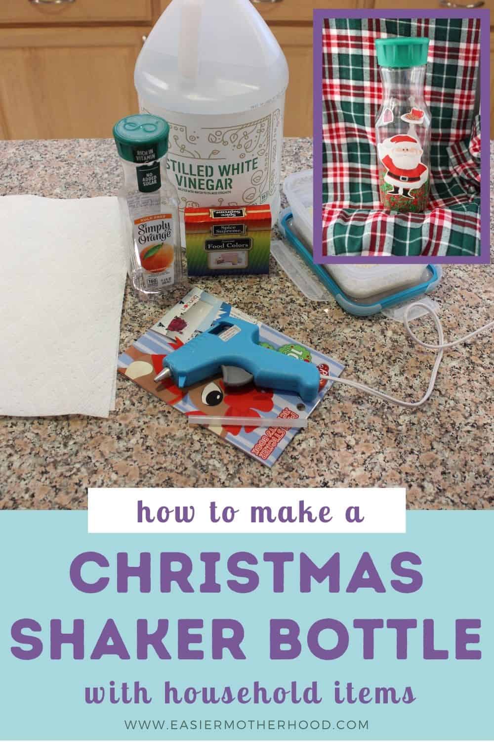 Main image is of supplies needed to make the craft with an inset photo of the finished sensory shaker. Text below image reads "how to make a christmas shaker bottle with household items".