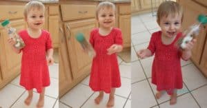3 frame side by side photos of a young girl holding the christmas sensory shaker bottle and shaking it.