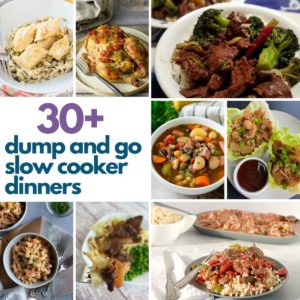 Collage of 8 photos from the post and text reading "30+ dump and go slow cooker dinners".
