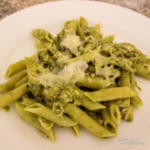 Pesto chicken pasta garnished with parmesean cheese on a white plate.