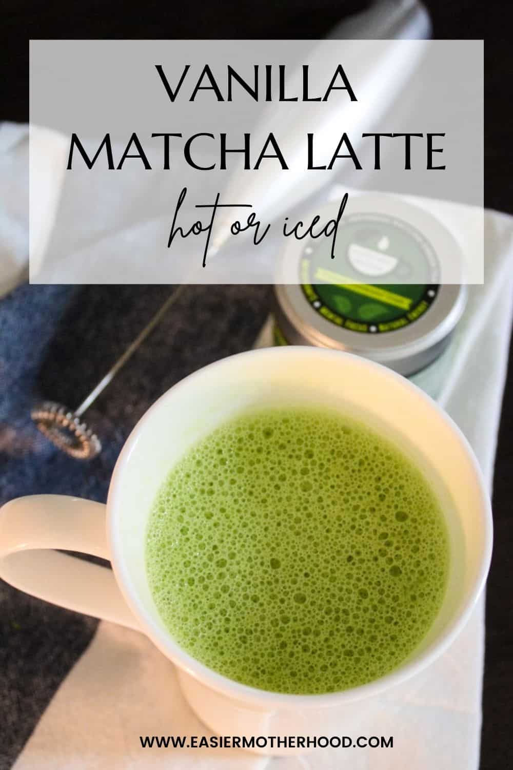 Pin image with vanilla matcha latte, frother, and powder on kitchen towel