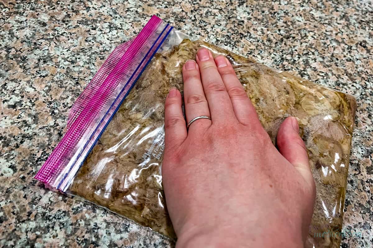 Hand working pork into last open corner of ziploc