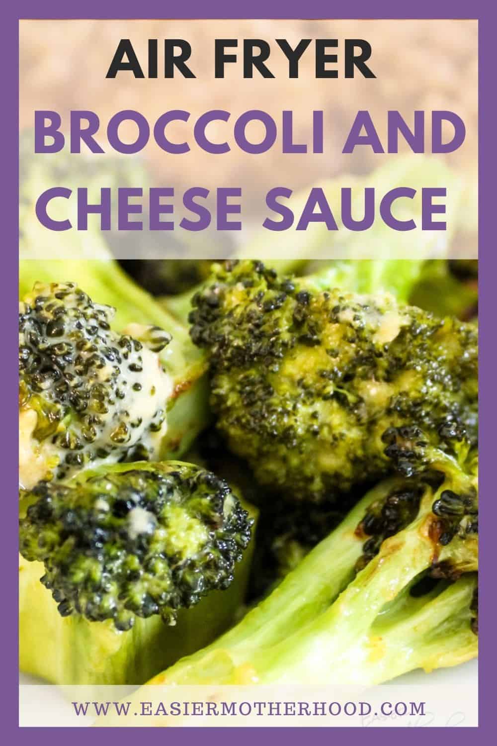 Closeup of finished dish, text overlay reads "air fryer broccoli and cheese sauce"