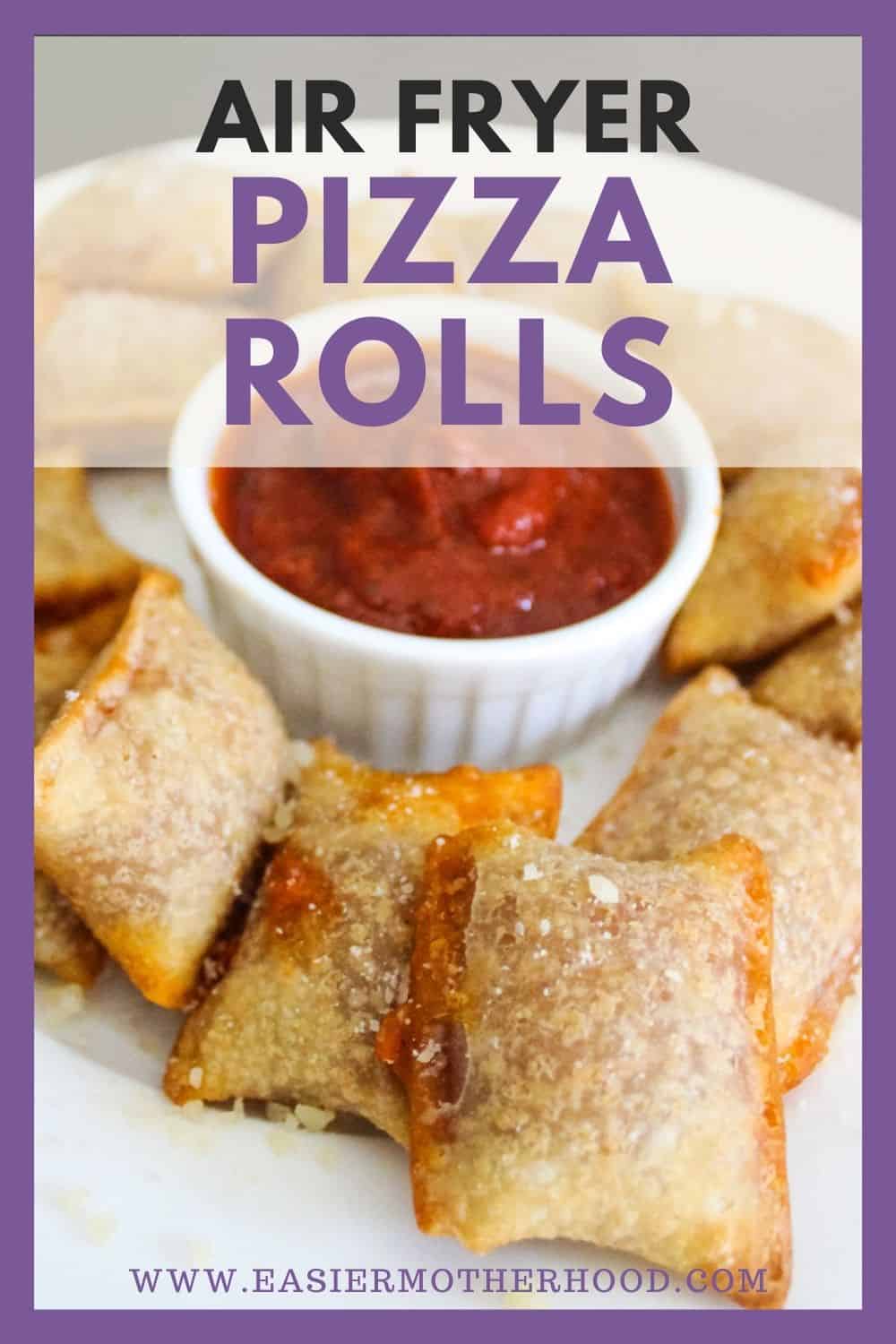 Pizza rolls on a white plate with white ramekin of sauce in the middle.