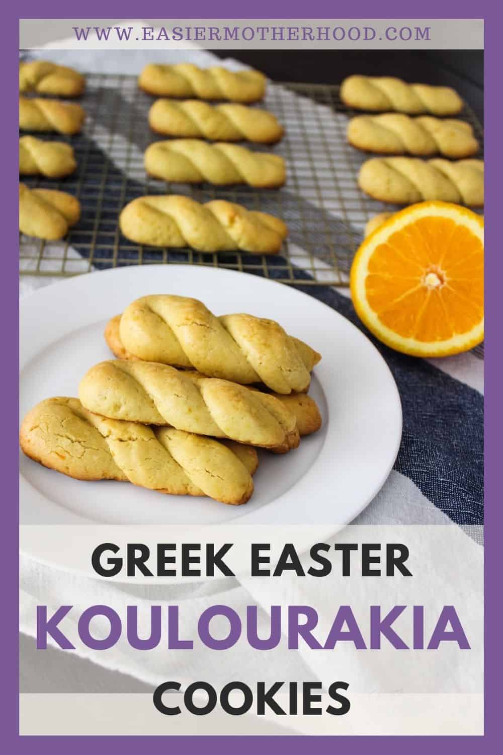 Koulourakia cookies on white plate with more on cooling rack behind it