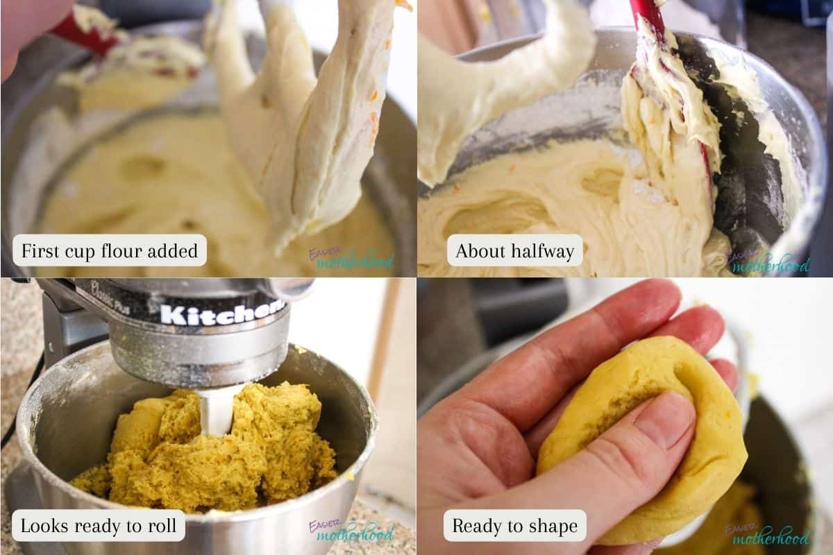 4 photos showing the dough as flour is added, ending with ready to shape koulourakia dough