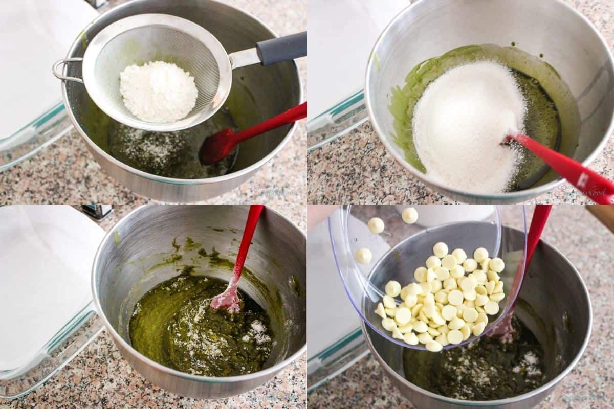 Four images illustrating sifting and mixing flour and adding white chocolate chips