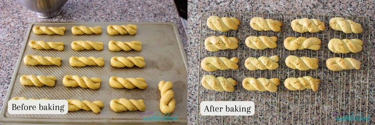 Two photos, one before baking on cookie sheet and one after on cooling rack