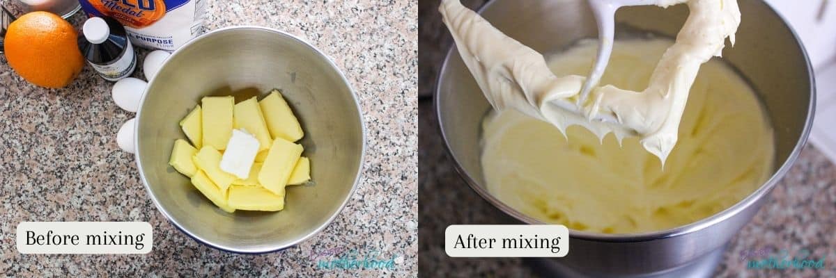 Two images, one of the butter, crisco, and oil in a bowl before mixing and a second after