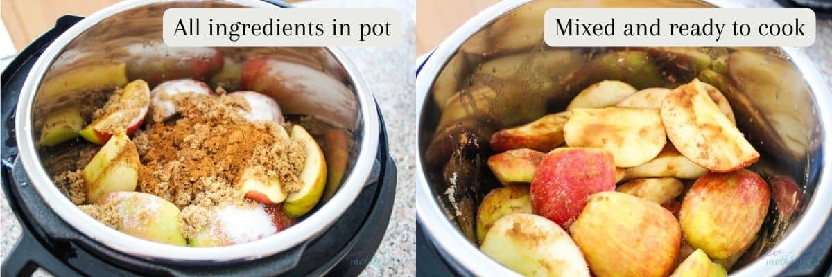 2 photos, one with all ingredients in the instant pot, the second with them mixed and ready to cook