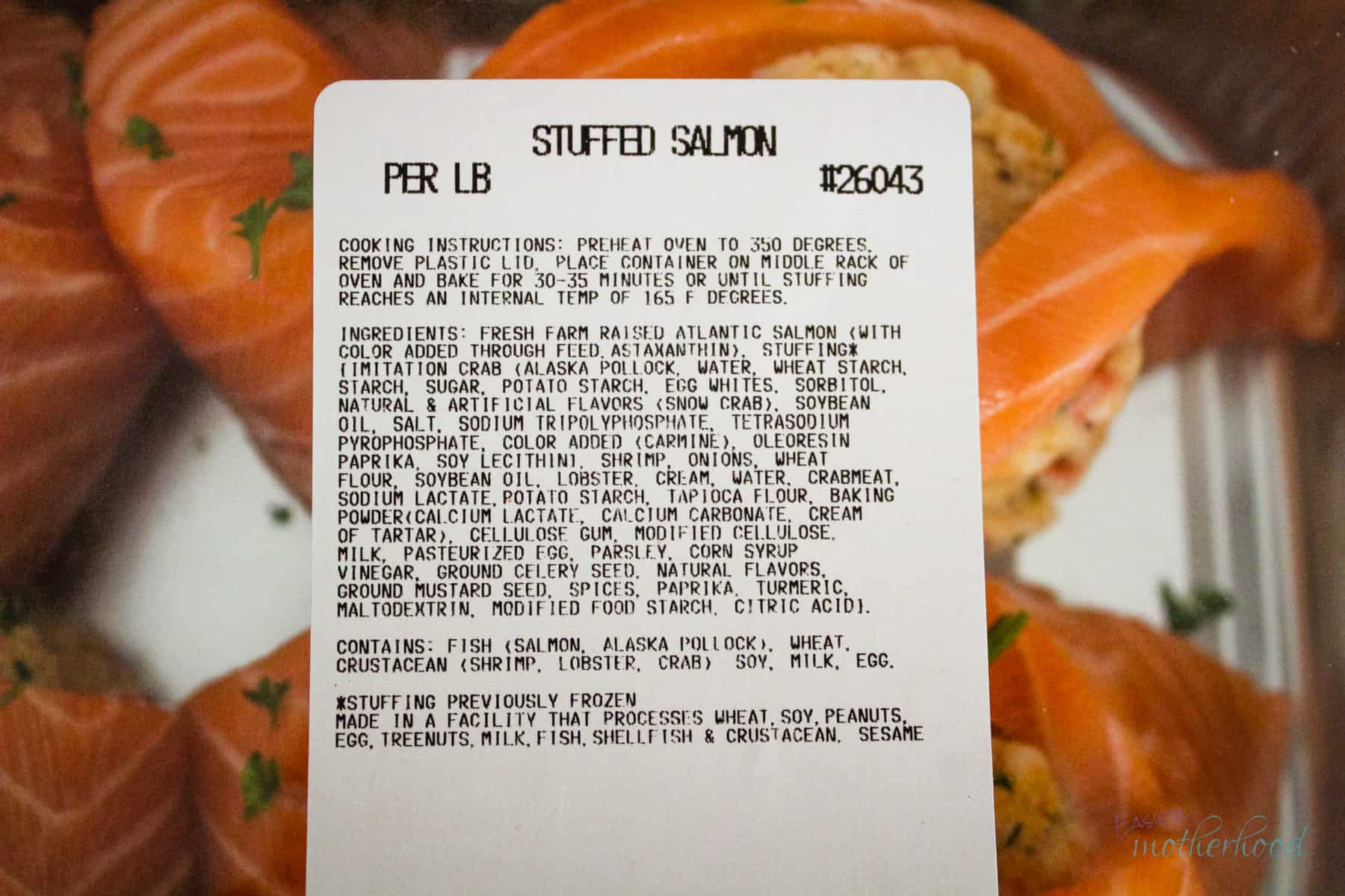 Close up photo of costco stuffed salmon ingredient list