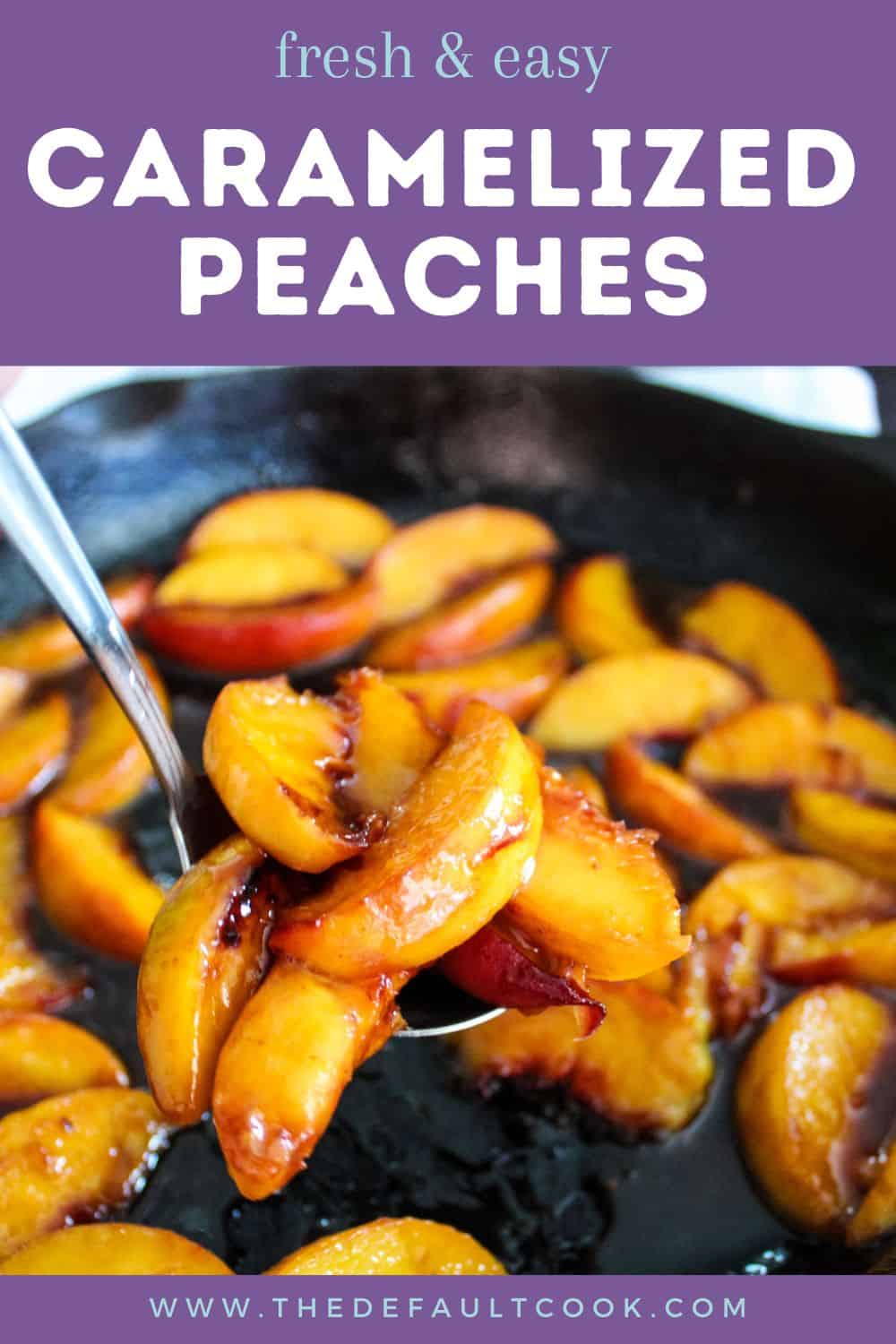 Close up of caramelized peaches on a serving spoon.