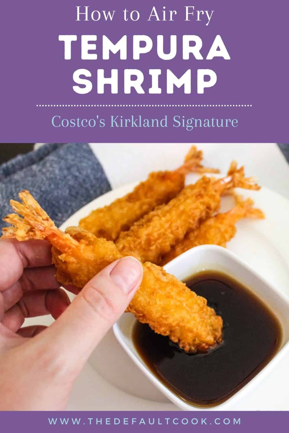 Pin showing tempura shrimp on a plate and dipping one into the sauce.