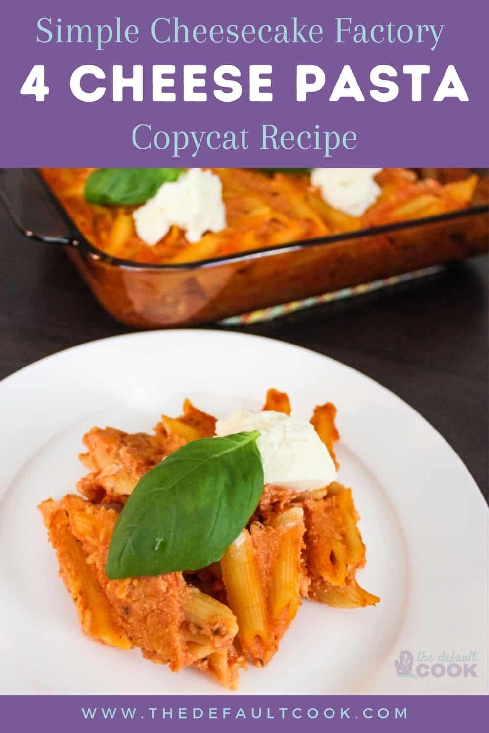 Pin with pasta on white plate and casserole dish in background.