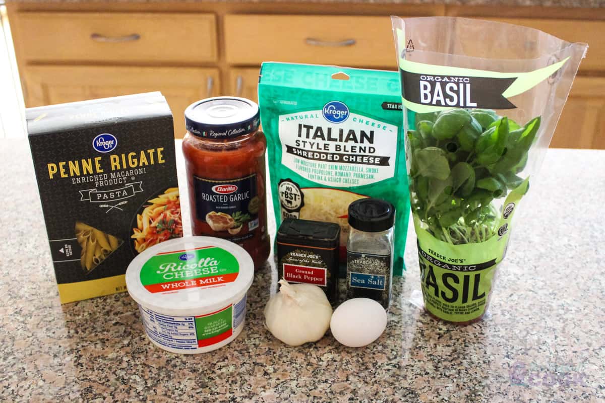 Four Cheese Pasta Ingredients on a kitchen counter