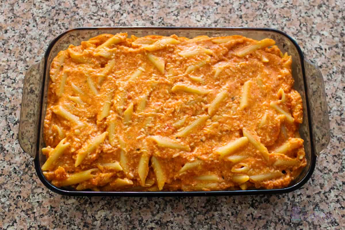 Four Cheese Pasta in baking dish ready to go in oven