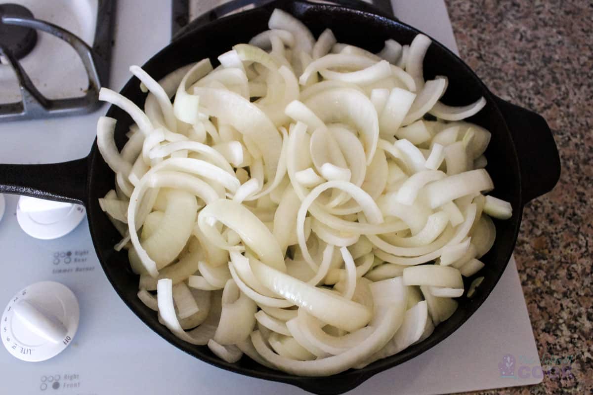 Onions when first added to the skillet.