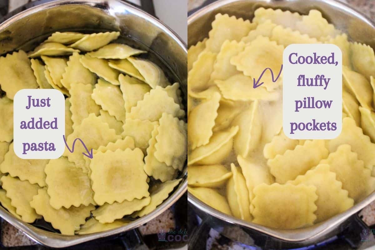 Side by side comparison of uncooked and cooked ravioli in pot.