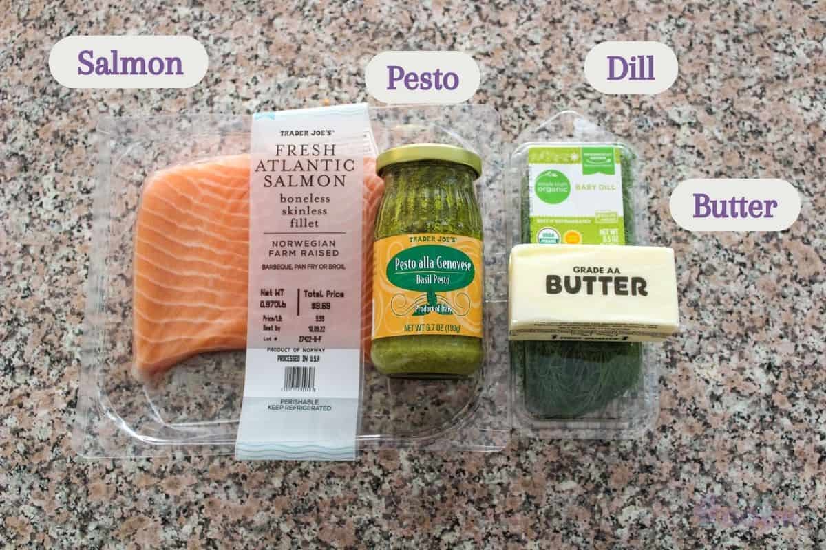 Ingredients on kitchen counter, labeled: salmon, pesto, dill, and butter.