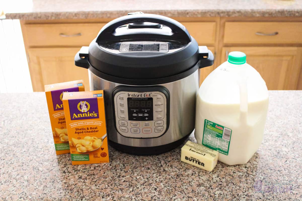 Kitchen counter with instant pot, 2 boxes mac and cheese, milk, and butter on it.