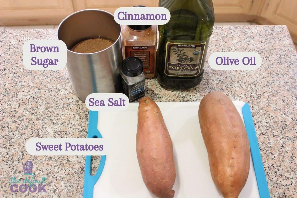 Labeled ingredients for roasted sweet potato slices on kitchen counter.