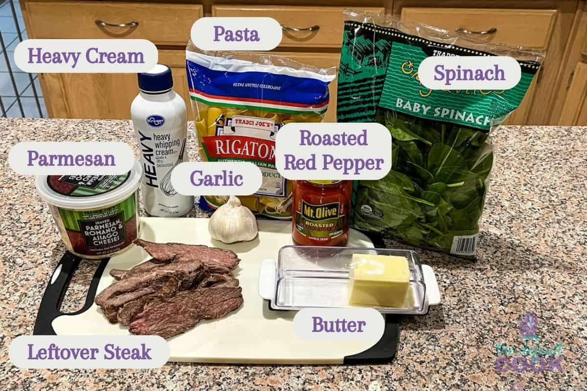 Ingredients on kitchen counter, labeled with text boxes.