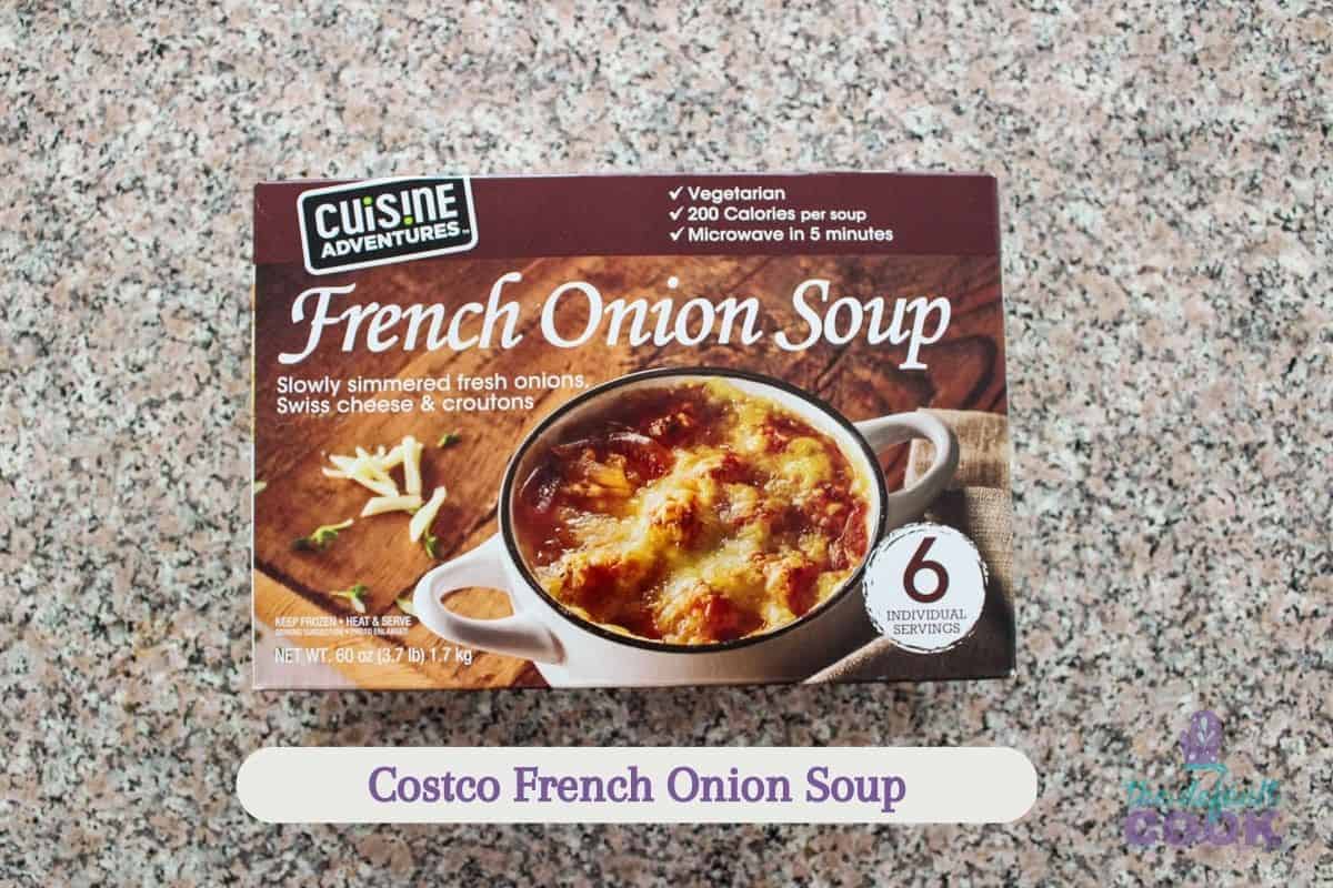 Costco French onion soup package on kitchen counter.