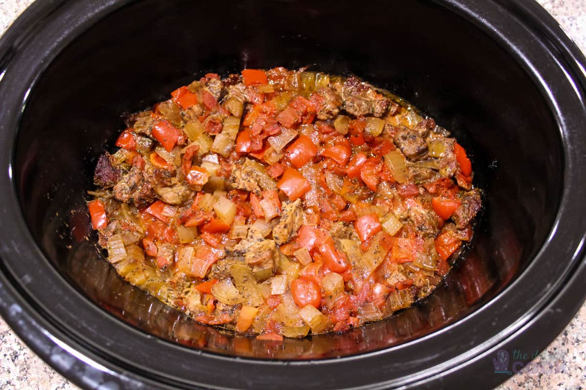 Tuscan pepper steak in crock pot after cooking on low for 6.5 hours.