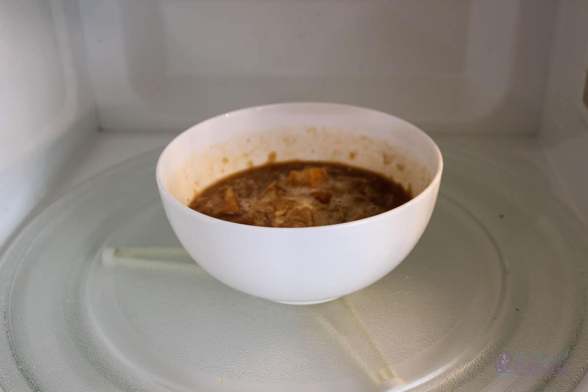 Cooked French onion soup in microwave