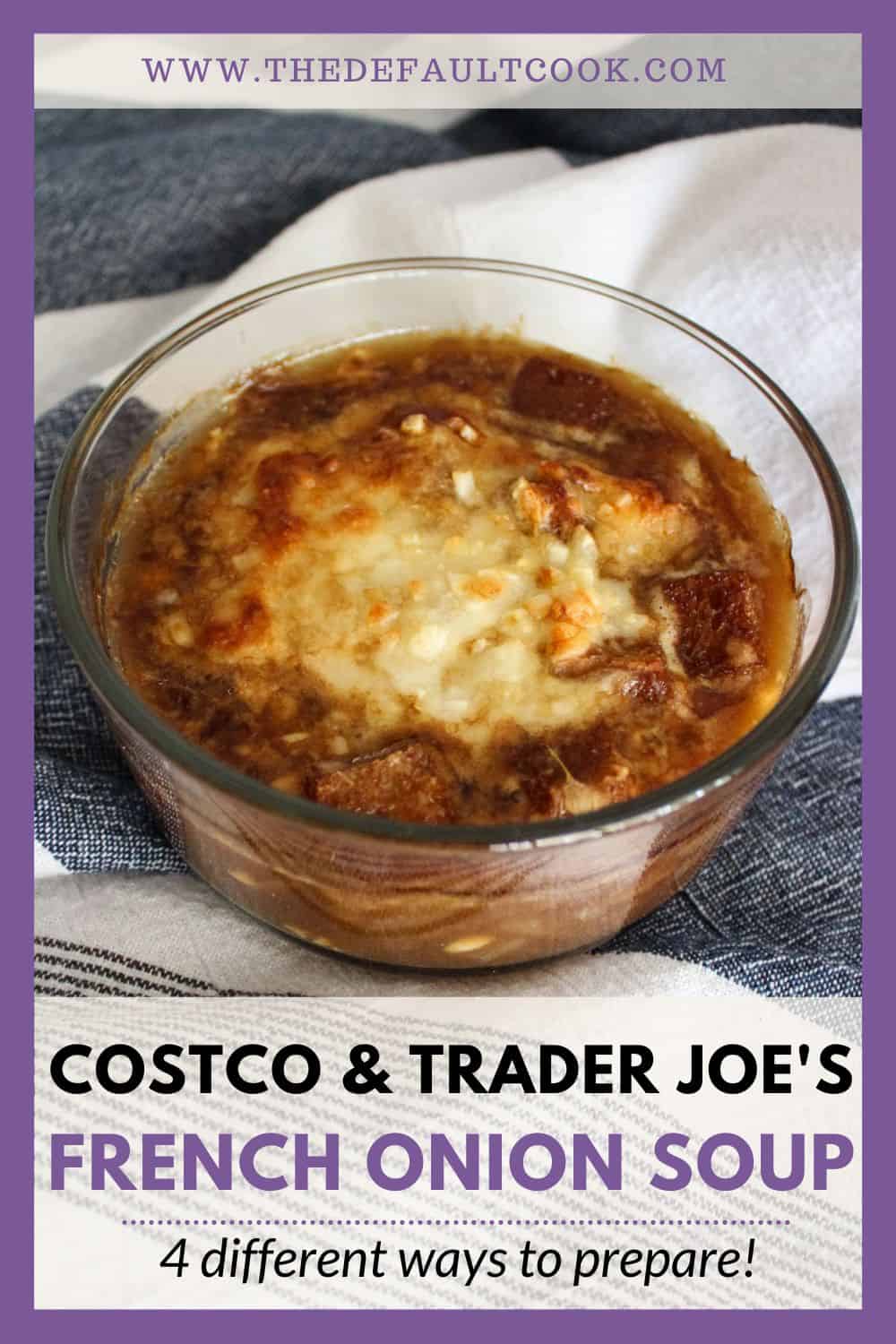 Bowl of Costco french onion soup on a kitchen towel with overlaying title text.