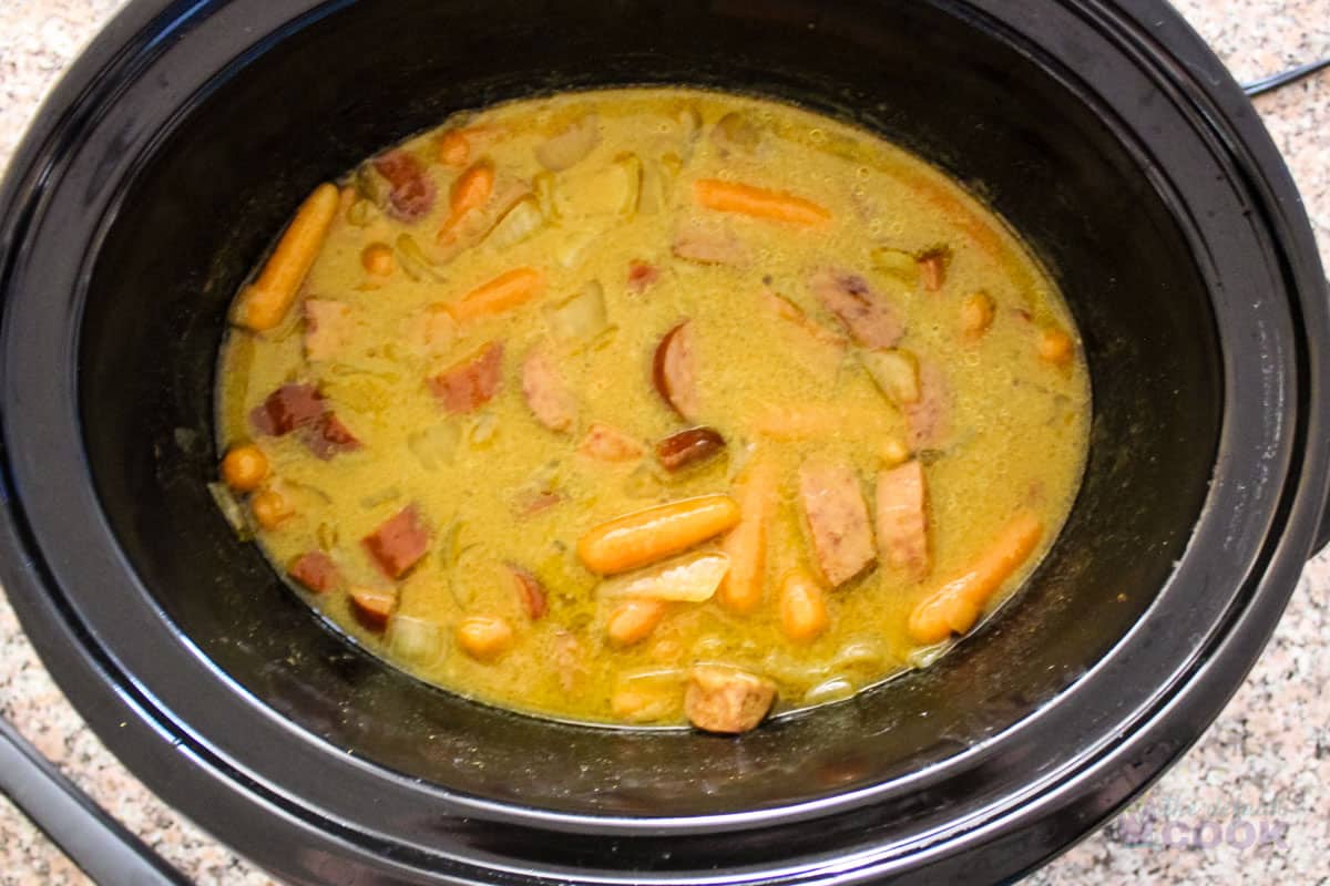 Slow cooker curried sausages after cooking for 6 hours on low.