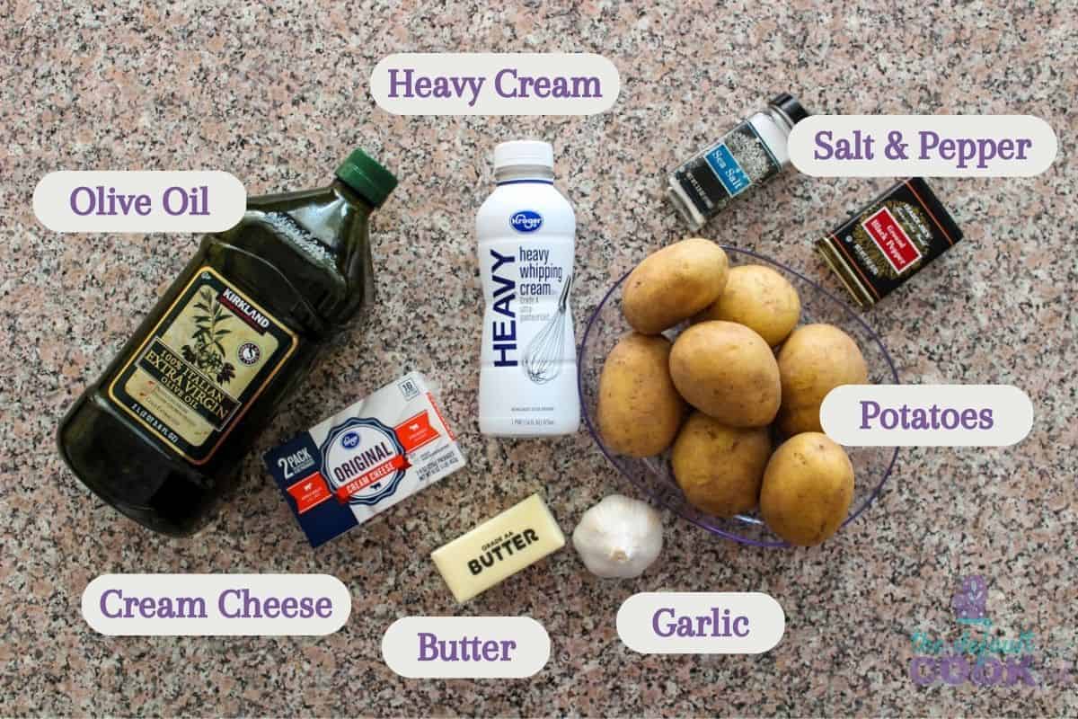 Ingredients on kitchen counter, labeled.