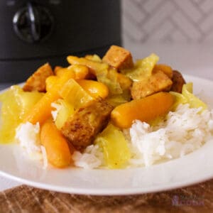 Plate of coconut curry sausage and vegetables on a bed of rice in front of a slow cooker.