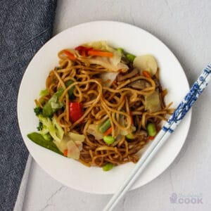 White plate with frozen yakisoba noodles and chopsticks on plate.