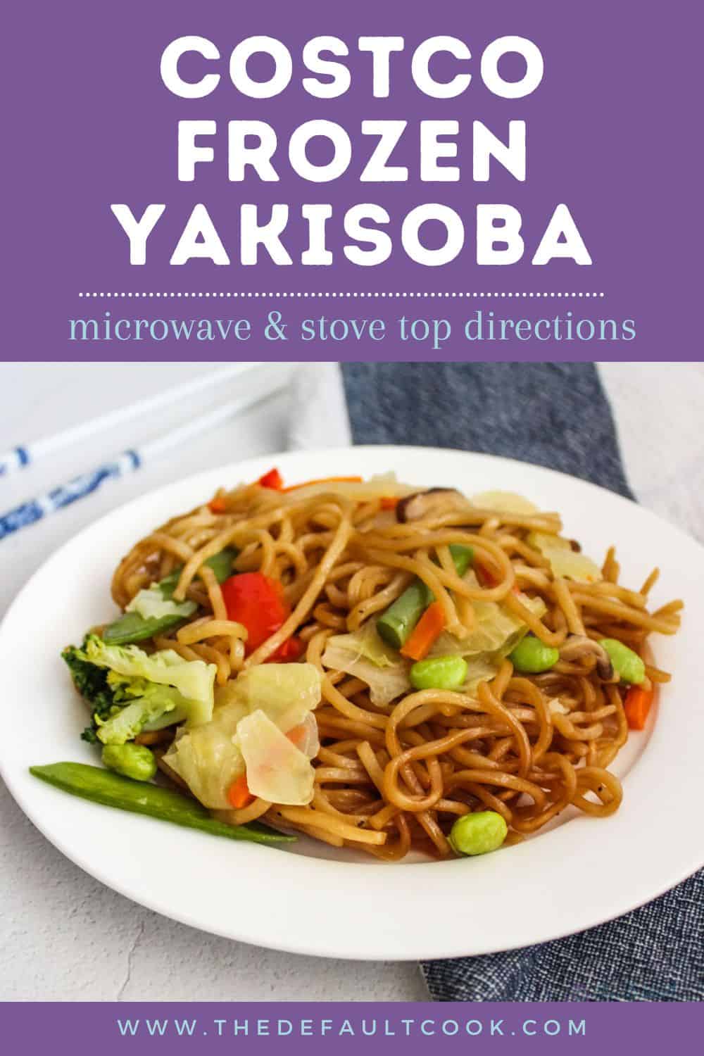 Plate of cooked yakisoba noodles with chopsticks and kitchen towel in background, with title text above image.