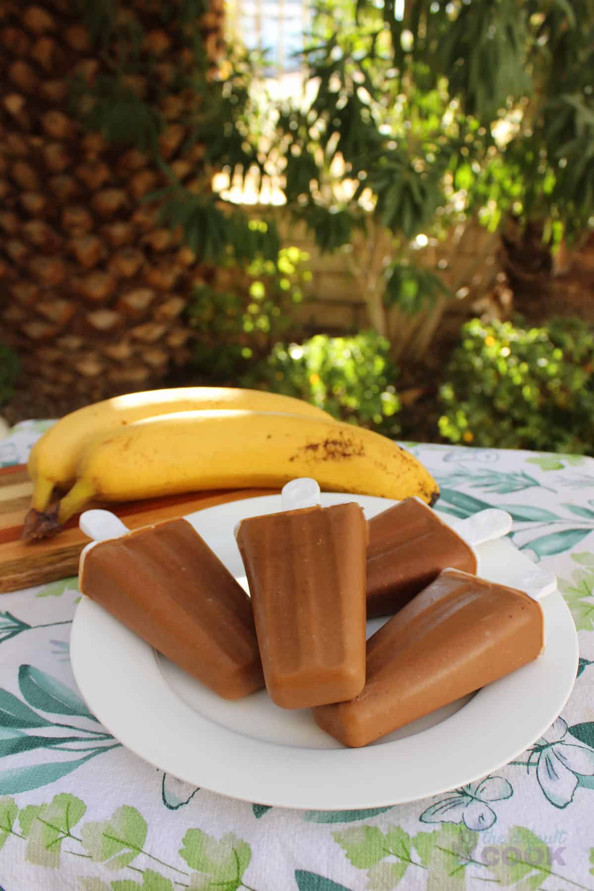 A plate of chocolate peanut butter banana popsicles outside with bananas behind it.