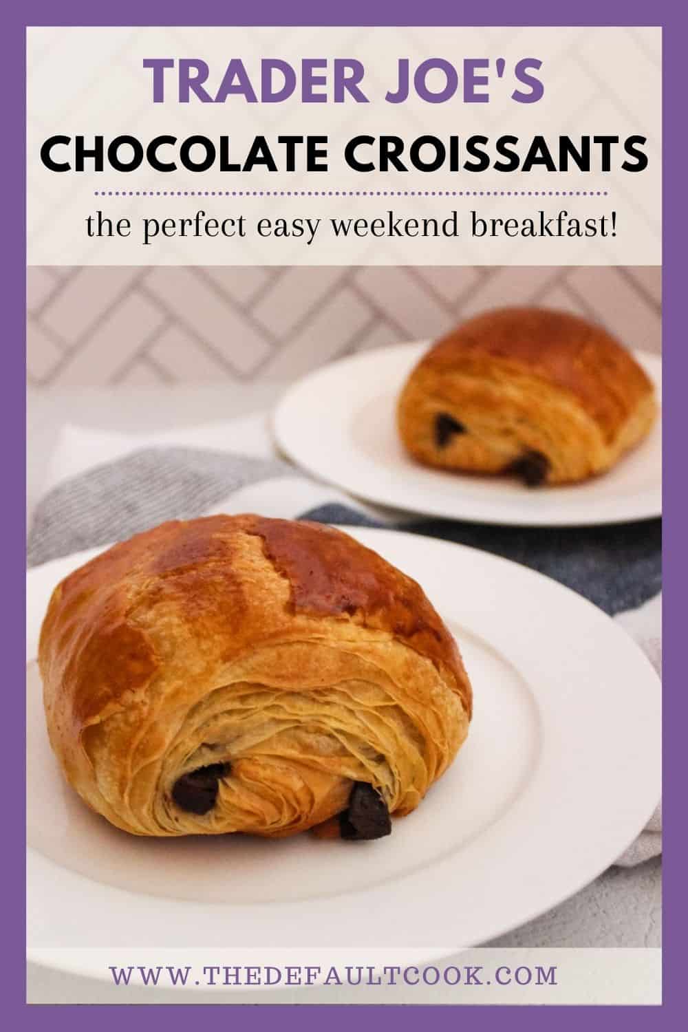 Two chocolate croissants on white plates on a kitchen counter with title text above.