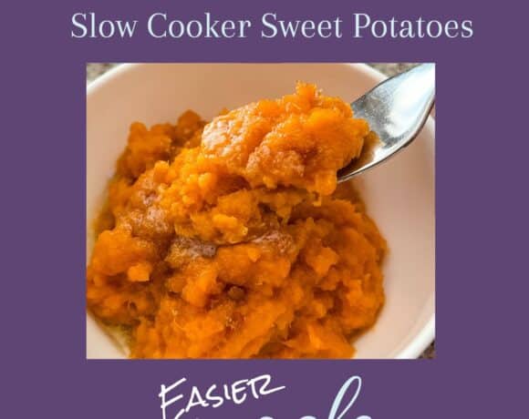 Mashed sweet potatoes on a fork with episode name above and podcast name below.