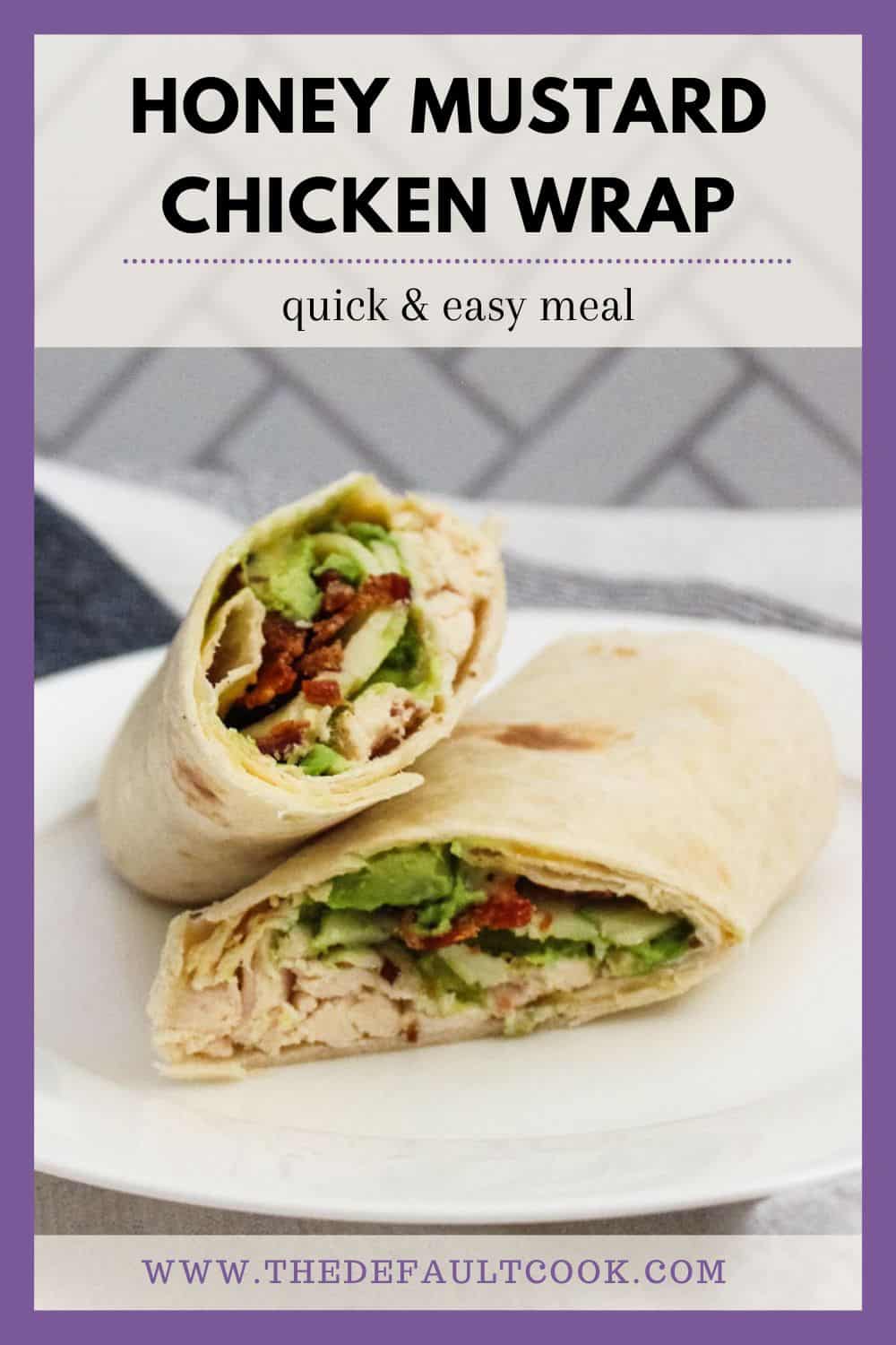 Halved wrap stacked on top of itself on a plate with descriptive text above the photo.