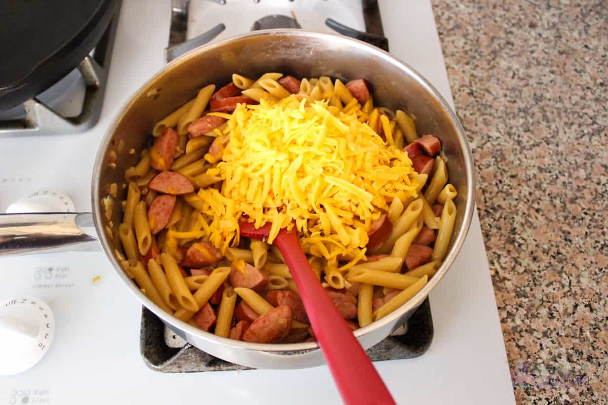 Finished pasta with cheese piled on top before stirring.