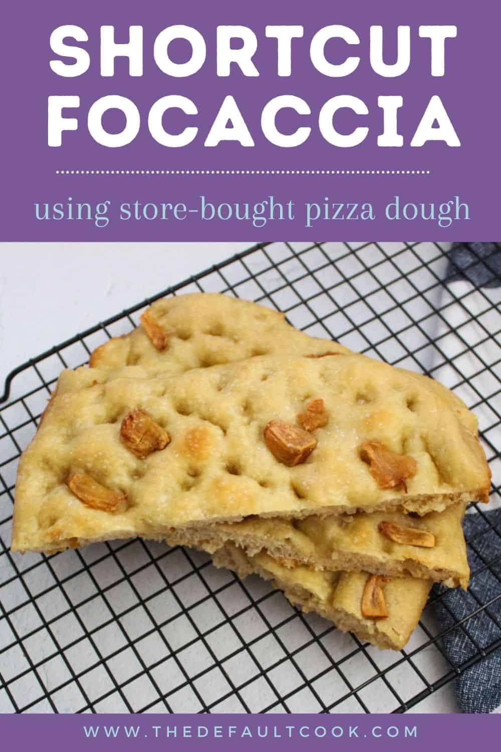 Sliced focaccia on a cooling rack with recipe name "shortcut focaccia" above the photo.