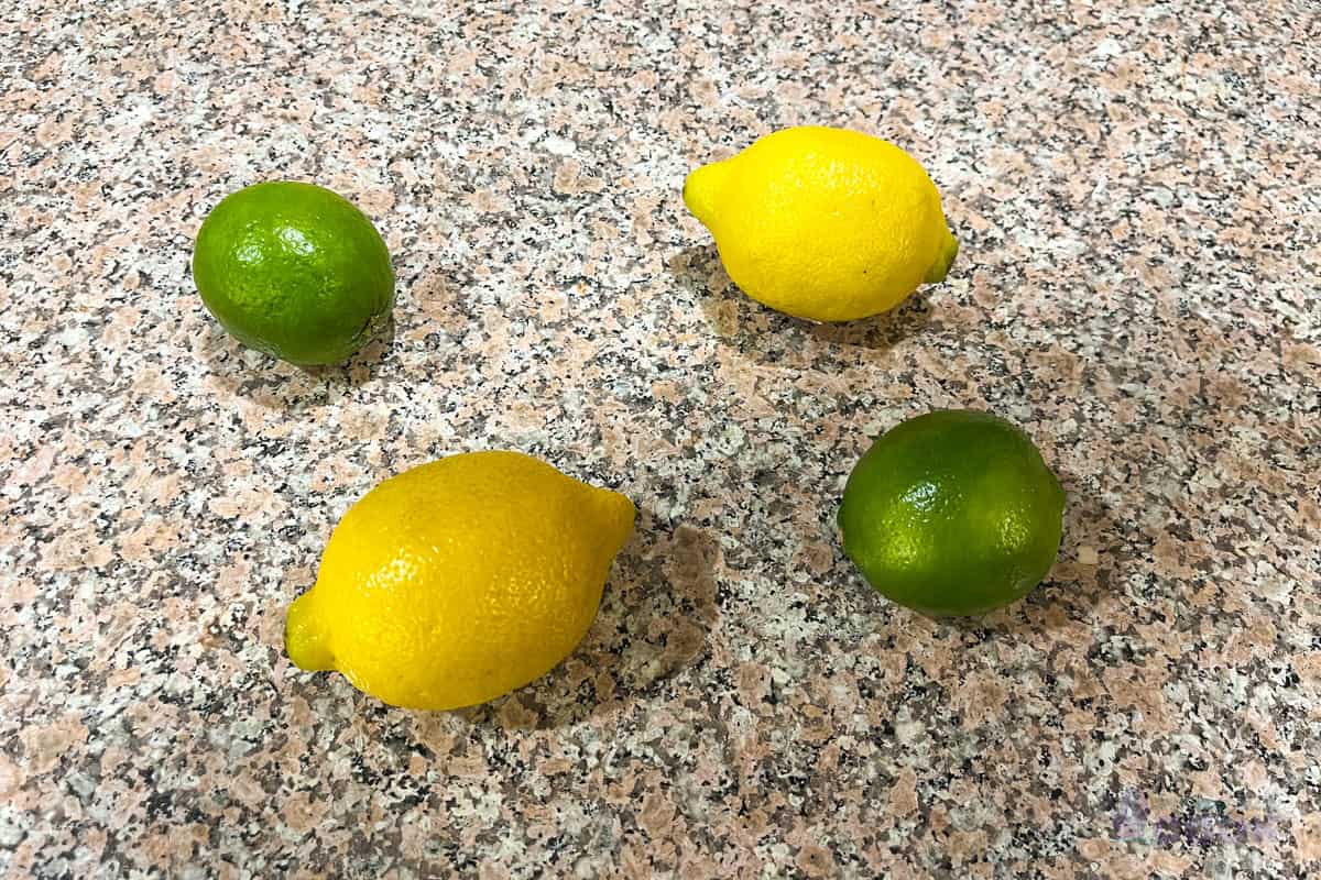Lemons and limes sitting on a counter.
